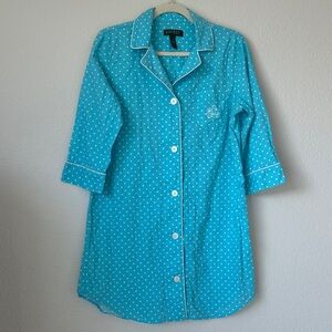 Lauren Ralph Lauren Cotton Polka Dot Sleep Shirt M Turquoise Pajama Top